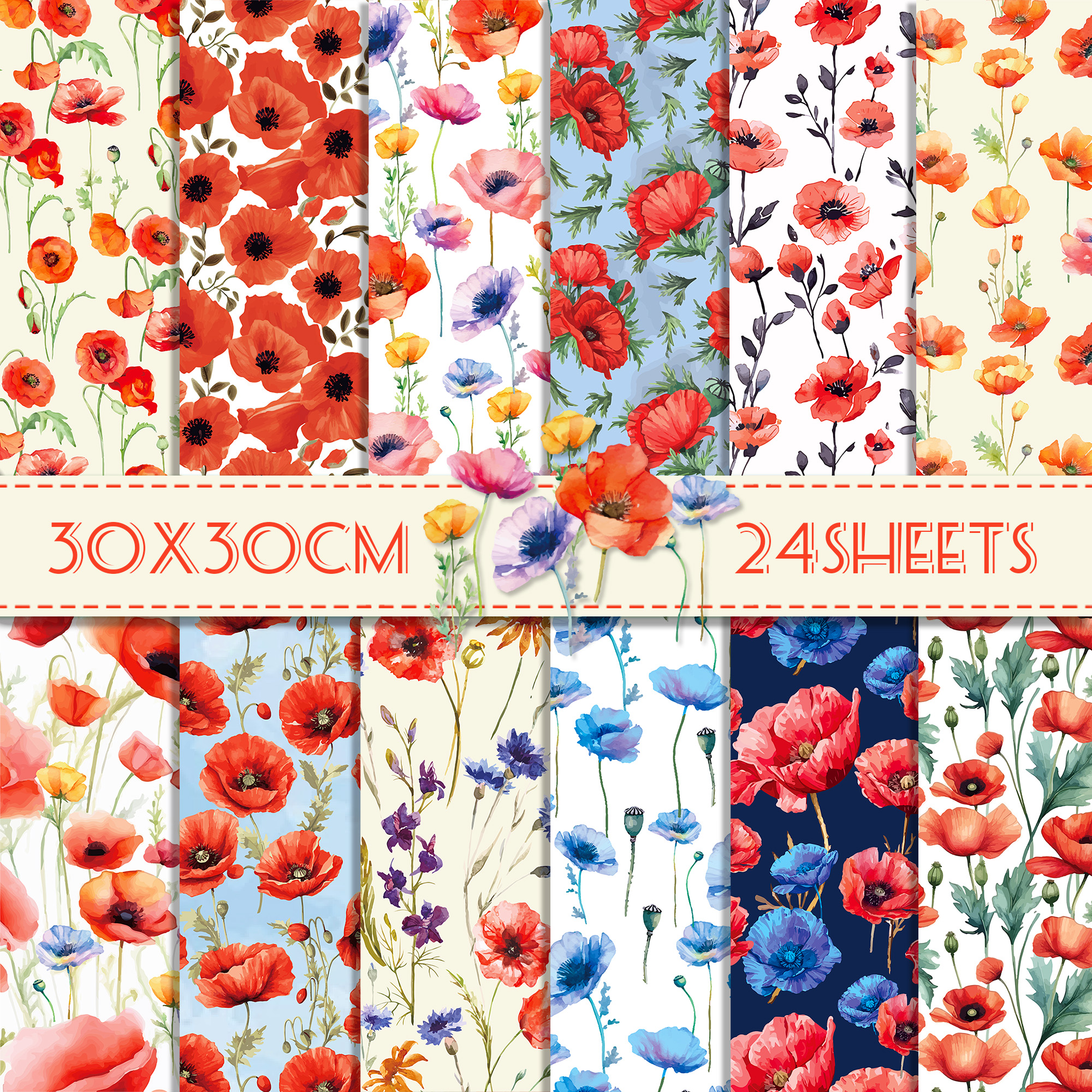 Art Craft Items - 24pcs 30*30cm Poppy Red Flowers Scrapbook